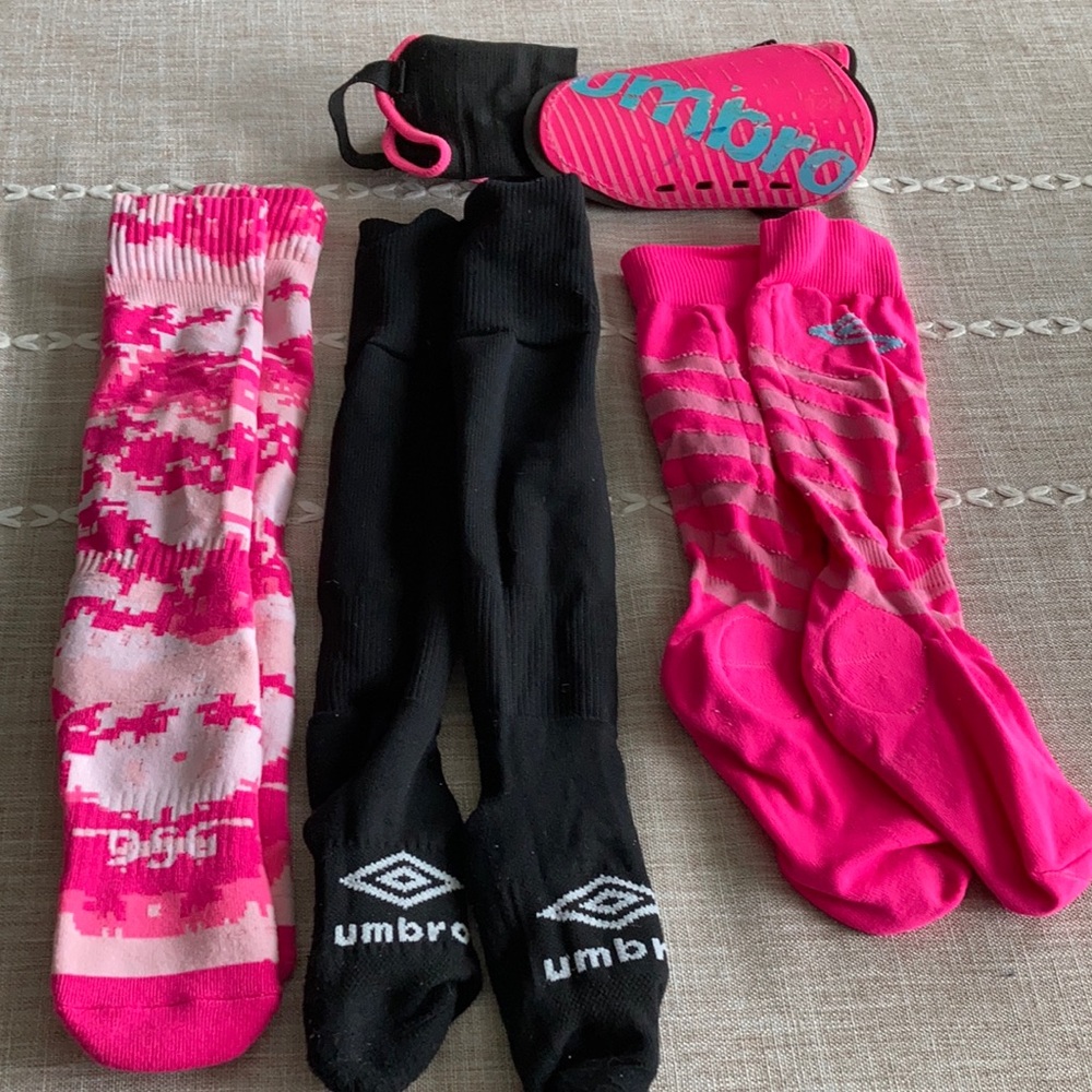Umbro and DSG soccer socks and shin guards